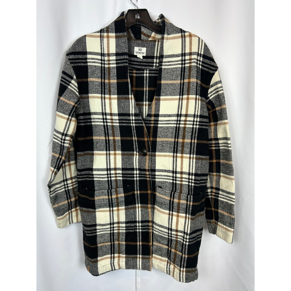 Tentree Plaid Organic Cotton Button Front Longline Black & Cream Jacket XS